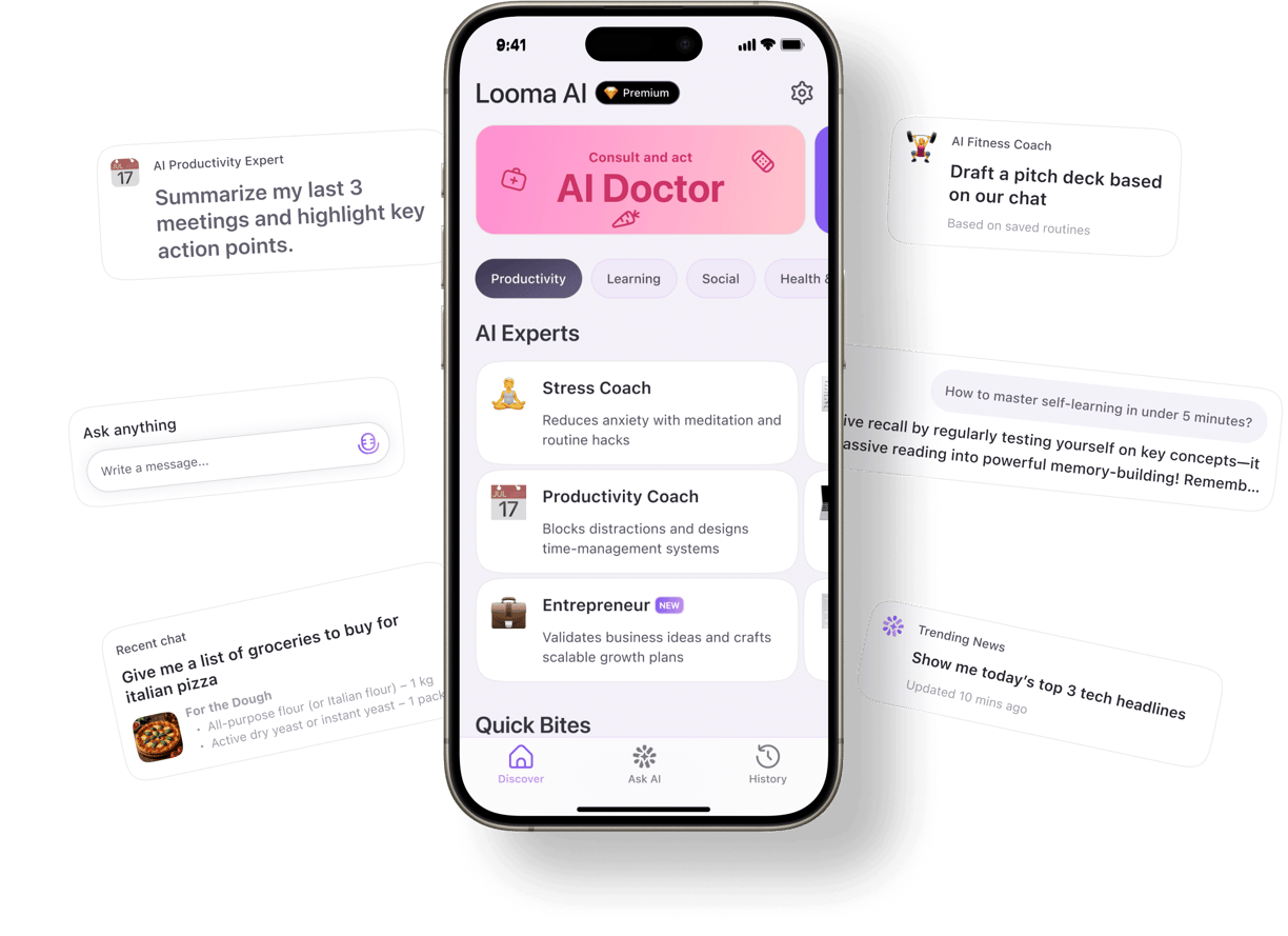 iOS app screen showing Looma AI chat with AI Expert list interface.