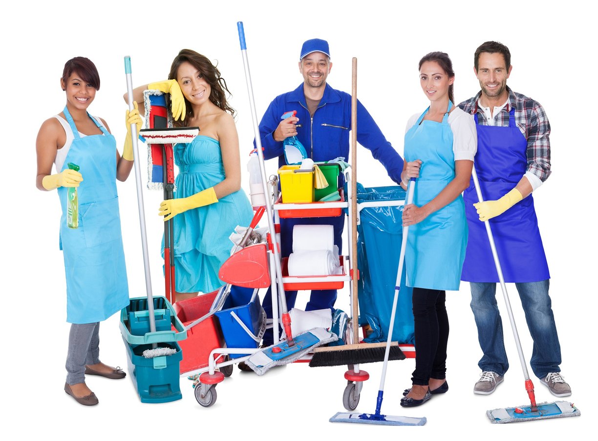 a group of people standing around a carton with cleaning supplies