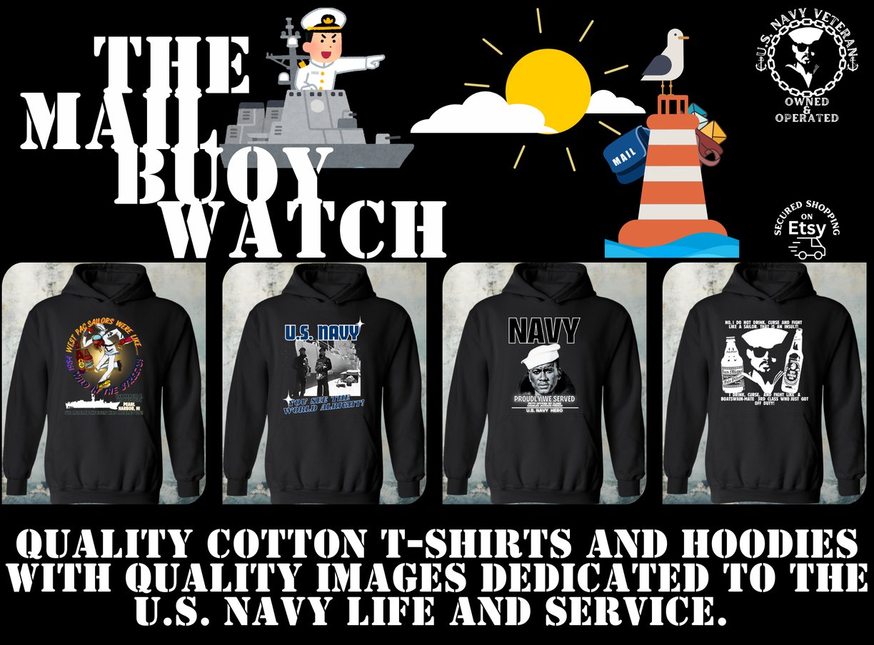 The Mail Buoy Watch logo, with quality black cotton hoodies, with graphics of Afro-American Sailors,