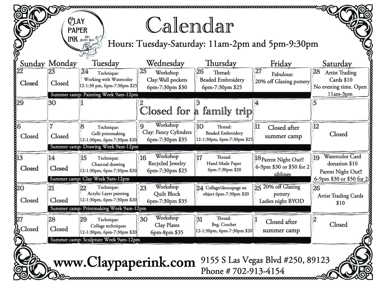 A calendar of events that are happening at the studio