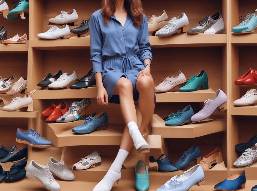 A diverse collection of shoes arranged neatly in rows, showcasing various styles and colors such as sneakers, leather shoes, and sandals. The shoes vary in shades from browns and blacks to blues and whites.