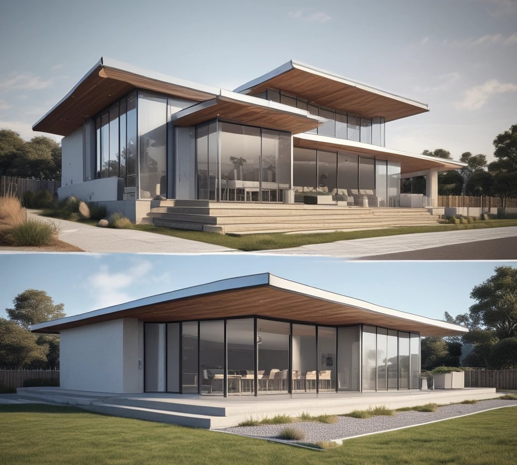 A modern architectural setting with large glass windows reflecting a softly lit interior. The foreground features a lush garden with various trees, shrubs, and rocks. There's a patio area with comfortable seating next to a small water feature, creating a serene outdoor living space.