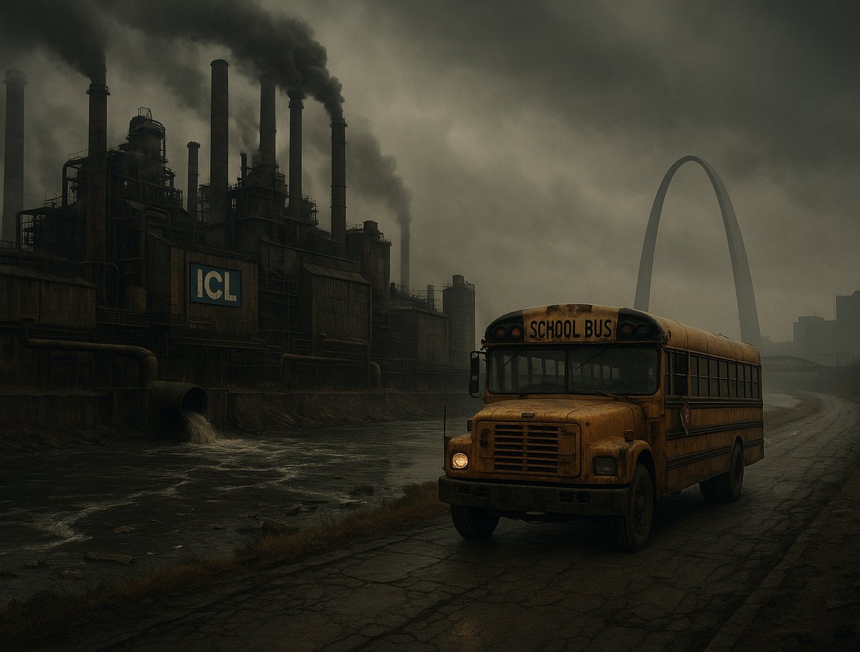 A dystopian view of St. Louis with polluted air and a school bus traveling past a giant ICL plant