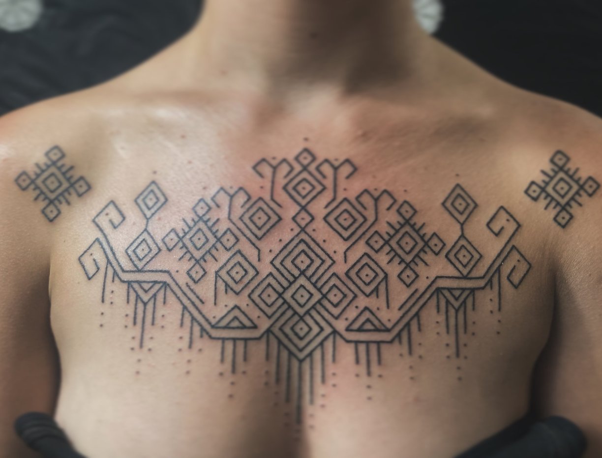 An handpoke tattoo featuring geomatric line symmetrical pattern, art tappis ornaments inspired