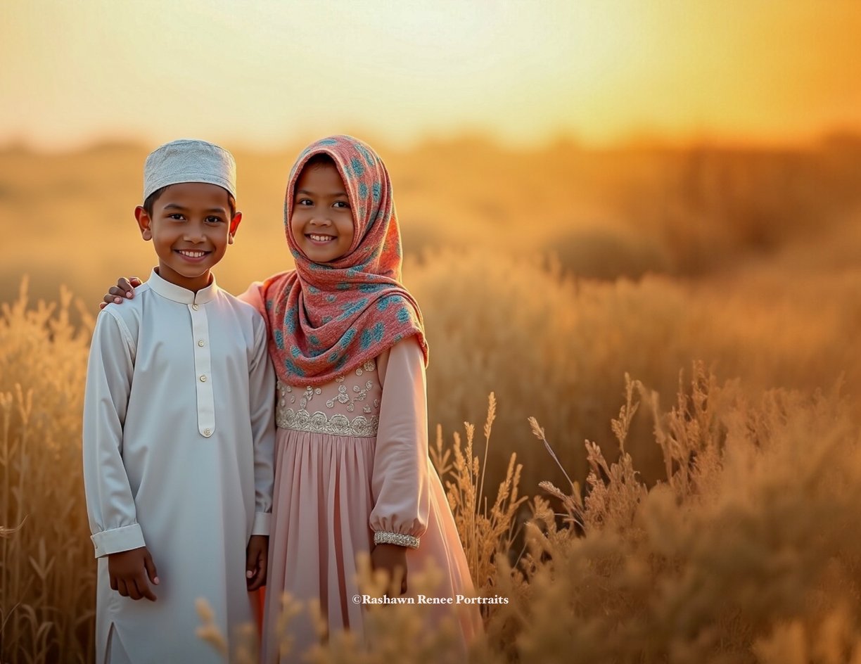 two children standing in a field with tall grass
