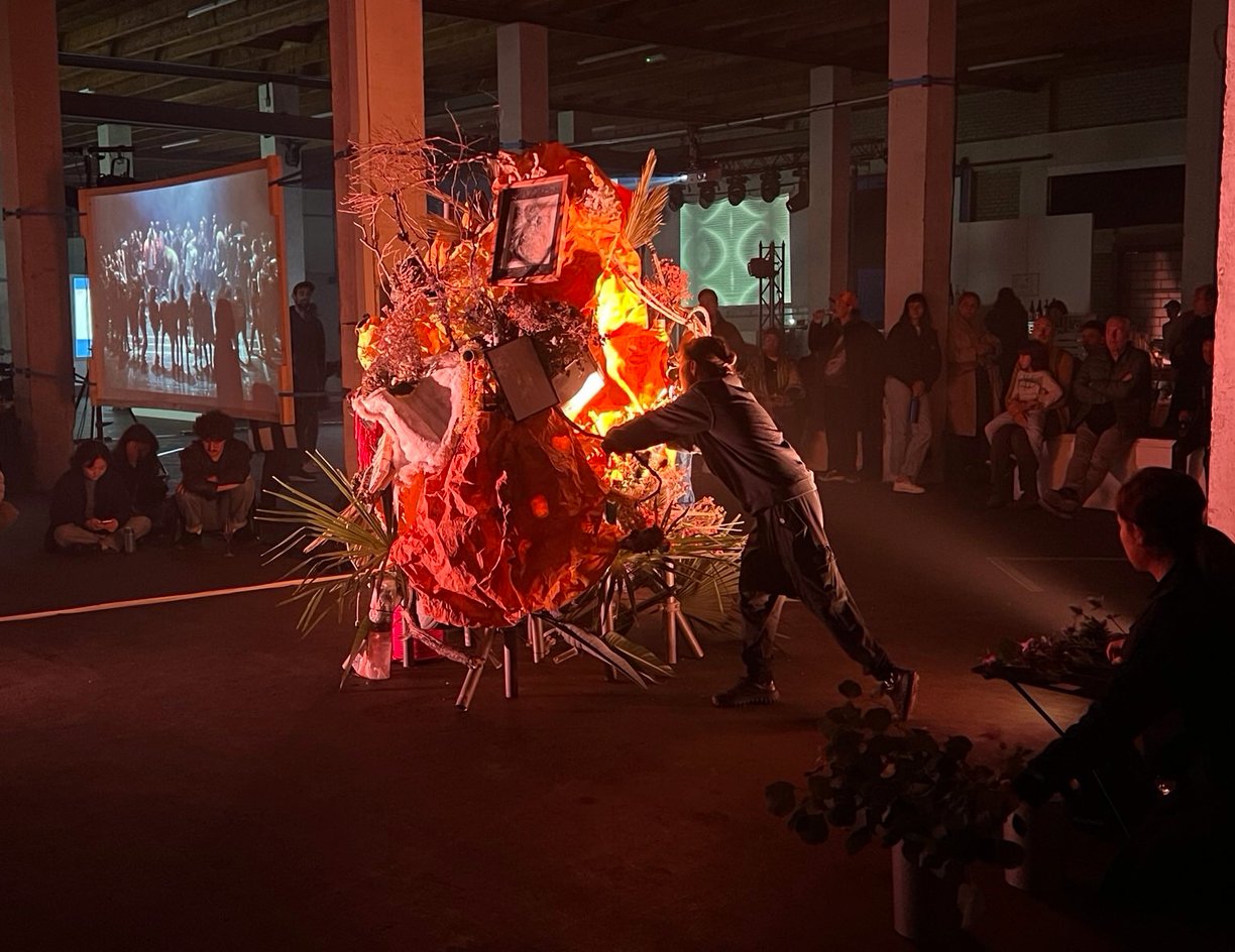 Close-up of community-collected objects integrated into Hedy Leung's Ikebana performance at TransBona Halle, Basel