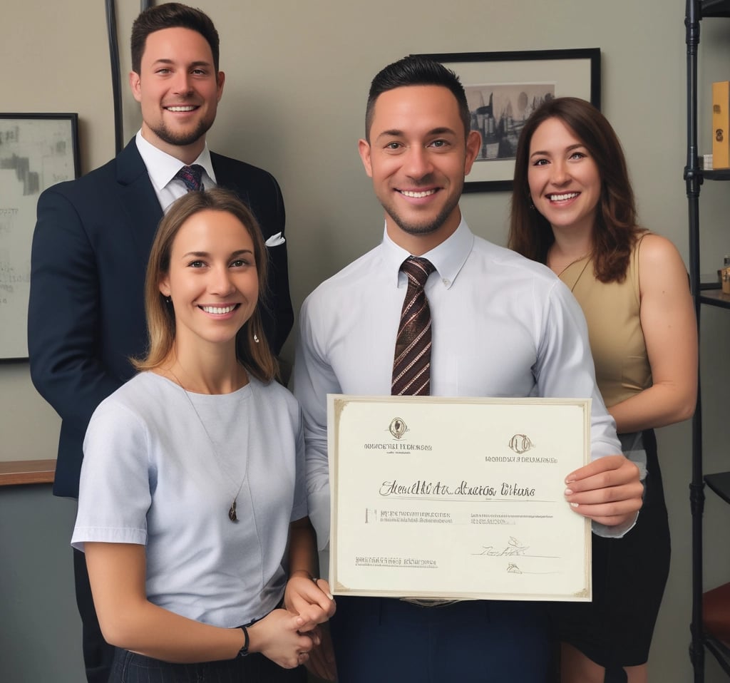 A person in a suit is seated at a desk, holding a phone to their ear and using the other hand to turn pages in a document. The workspace includes a computer monitor, paperwork, and other office supplies. Large windows allow natural light to illuminate the area.