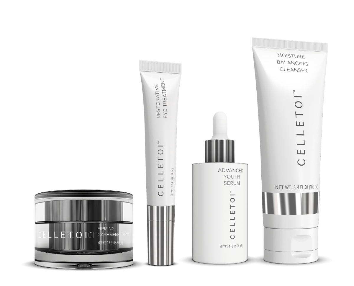 a group of cosmetics products including a bottle of cream