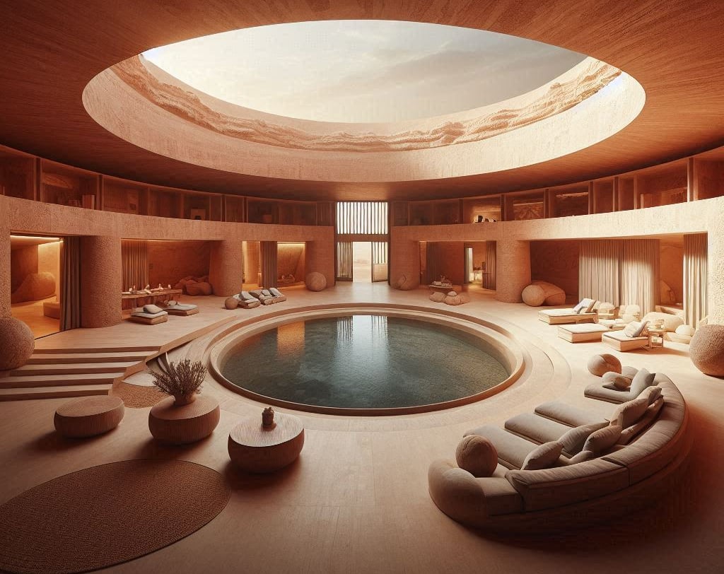 a large indoor swimming pool with a circular pool