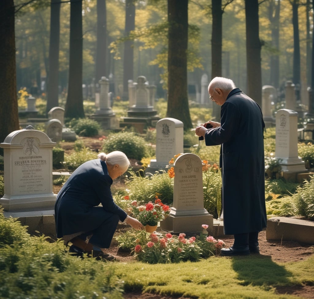 in einem waldfriedhof. zwei alte menschen gießen ein grab auf dem friedhof das grab hat viele blumen