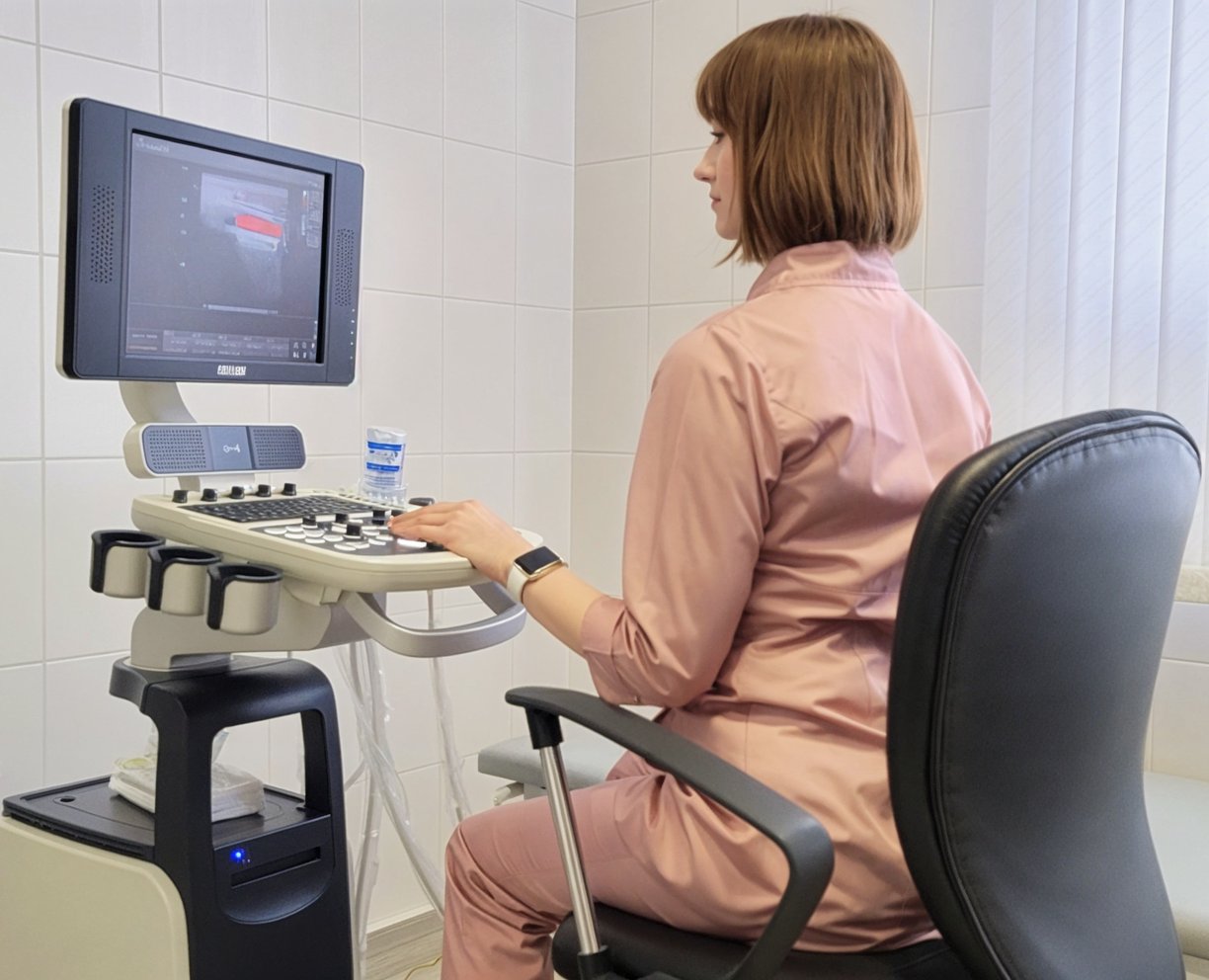 doctor sitting behind ultrasound machine