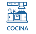 Ícono azul que representa cocina integral equipada en departamento, elemento gráfico