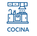 Ícono azul que representa cocina integral equipada en departamento, elemento gráfico