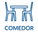 Ícono azul que representa comedor con dos sillas, imagen ilustrativa