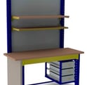 a workbend with a desk and shelves