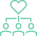 Heart-over-people icon symbolizing commitment to social responsibility and community impact.