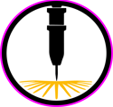 a black and white picture of a drillet with a yellow and pink light gravure laser