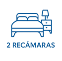 Ícono azul de cama con buró que representa departamento con 2 recámaras, diseño ilustrativo