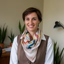 A photo of a woman wearing a polyester scarf in an office setting