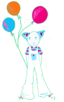 Dessin d'un enfant à un anniversaire qui tient des ballons de couleurs