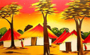 a painting of a village with huts and trees