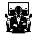 The butler and the van logo, a man in suit in front of his Luton