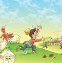 a boy is running with a sheep in a field and a wolf is attacking them