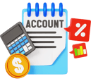 "Icon representing commerce tuition availability with a calculator and a finance book."