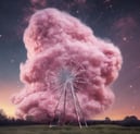 a windmill with a pink candy floss cloud in the sky