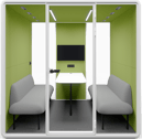 Type G-03: Meeting pod with two sofas, central table, and wall screen, green acoustic walls