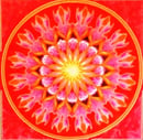 un mandala orange rose et jaune 