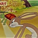 a cartoon rabbit with a turtle and they are going to race