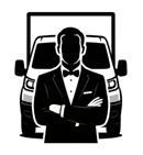 The butler and the van logo, a man in suit in front of his Luton