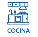 Ícono azul que representa cocina integral equipada en departamento, elemento gráfico