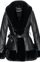 GRAN ORIENTE Women's Faux Leather Jacket with Faux Fur Collar, Winter Long Sleeve Furry Trim Peplum 