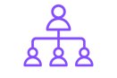 Flat vector icon of four user silhouettes connected by a purple network structure, representing CRM 