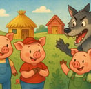 three pigs in a field with a wolf