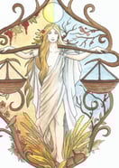 a drawing of a lady with a scale symbolizing autumn equinox