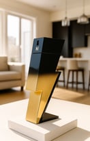 a gold lightning bolter sculpture on a table