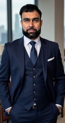 a man in a suit and tie standing in front of a table
