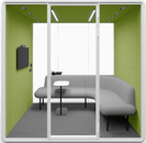 Type G-02: Group pod with corner sofa, small table, and wall screen, green interior