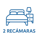Ícono azul de cama con buró que representa departamento con 2 recámaras, diseño ilustrativo