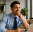 Hombre en la oficina, pensando en emprender y poner un negocio para más ingresos.