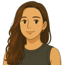 A cartoon representation of a woman {me} with long brown hair and a black top