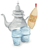 moroccan tea pot with two glasses for tea