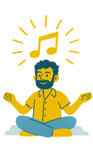 a man sitting in a meditation position with a musical note