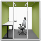 Type G-01: Single office pod with ergonomic chair and wide desk, green acoustic walls