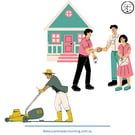 A man mows the lawn while two people shake hands in front of a house.