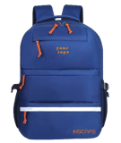navy blue color school bags with white color design and orange zipper ties