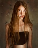 Surreal conceptual photography of a freckled young woman with emotional expression, butterflies and a mysterious storytelling